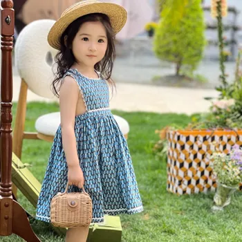2023 Весенне-летняя детская одежда, Платье новой линии, Синее платье без рукавов для девочек 1
