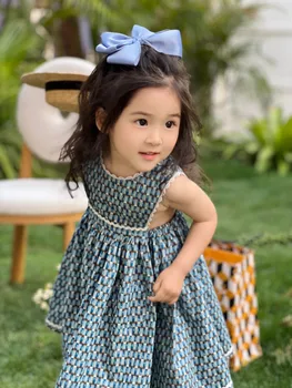 2023 Весенне-летняя детская одежда, Платье новой линии, Синее платье без рукавов для девочек 2