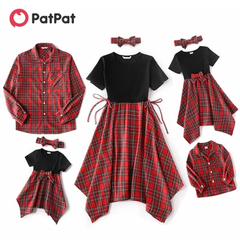 Комплекты рождественских платьев PatPat в красную клетку для семьи с коротким рукавом и рубашками с длинным рукавом