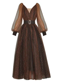 Модные Дизайнерские Весенние женские Сетчатые платья с V-образным вырезом и длинным рукавом-фонариком, со стразами, на шнуровке 1