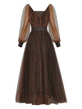 Модные Дизайнерские Весенние женские Сетчатые платья с V-образным вырезом и длинным рукавом-фонариком, со стразами, на шнуровке 2